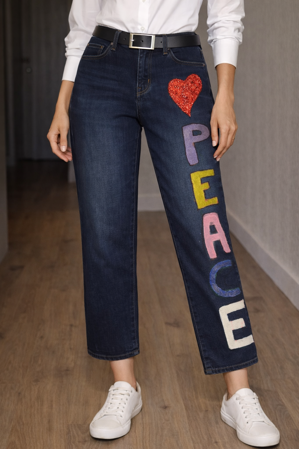 Ladies Peace Sign Blue Jeans